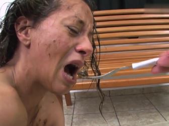 Lesbian slave scat feeding with banana