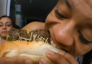 Girl swallow shit with ketchup and mustard