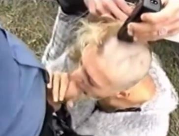 Blonde slut head shaving outdoor sex